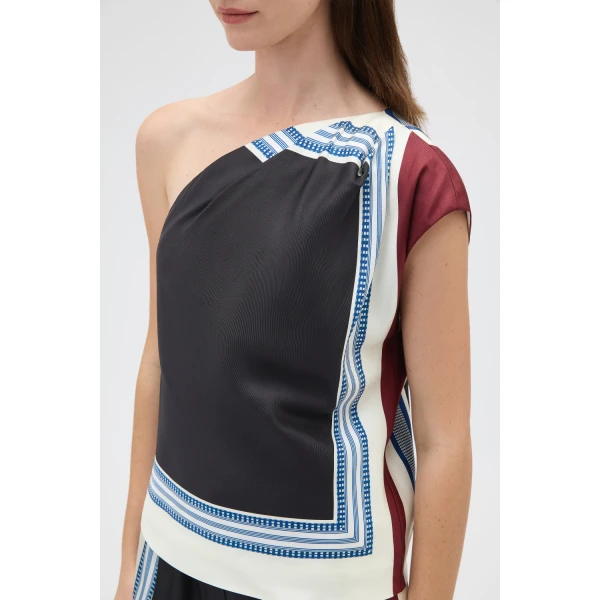 Oroton Silk Scarf One Shoulder Top Black, view 4