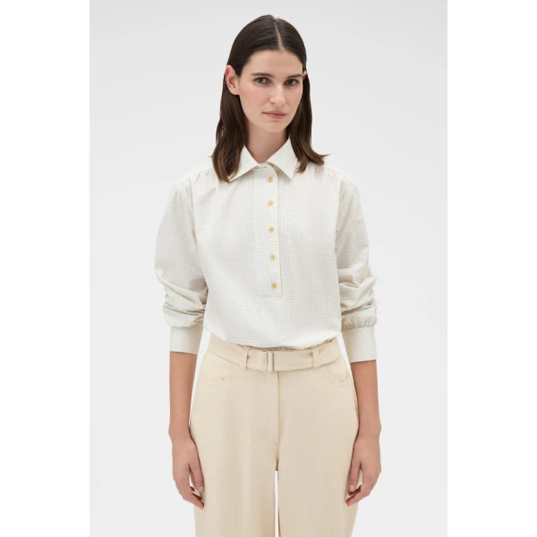 Oroton Soft Check Button Shirt Cream, view 2