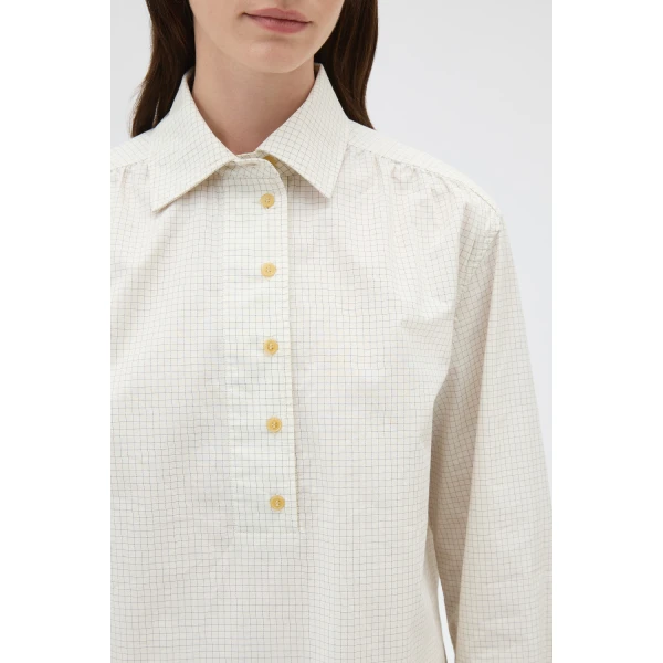 Oroton Soft Check Button Shirt Cream, view 4