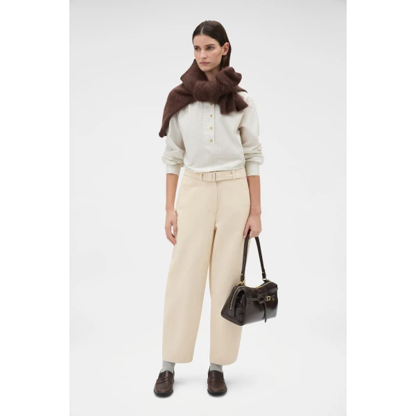 Oroton Soft Check Button Shirt Cream, view 6