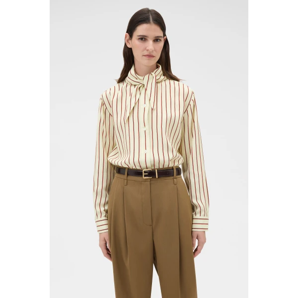 Oroton Stripe Tie Neck Shirt Lemon Rich Red, view 2