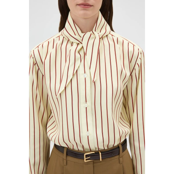 Oroton Stripe Tie Neck Shirt Lemon Rich Red, view 3
