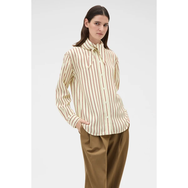 Oroton Stripe Tie Neck Shirt Lemon Rich Red, view 4