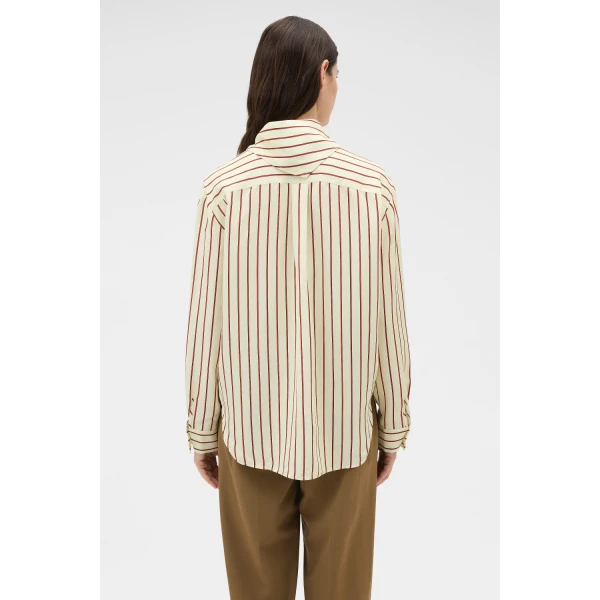 Oroton Stripe Tie Neck Shirt Lemon Rich Red, view 5