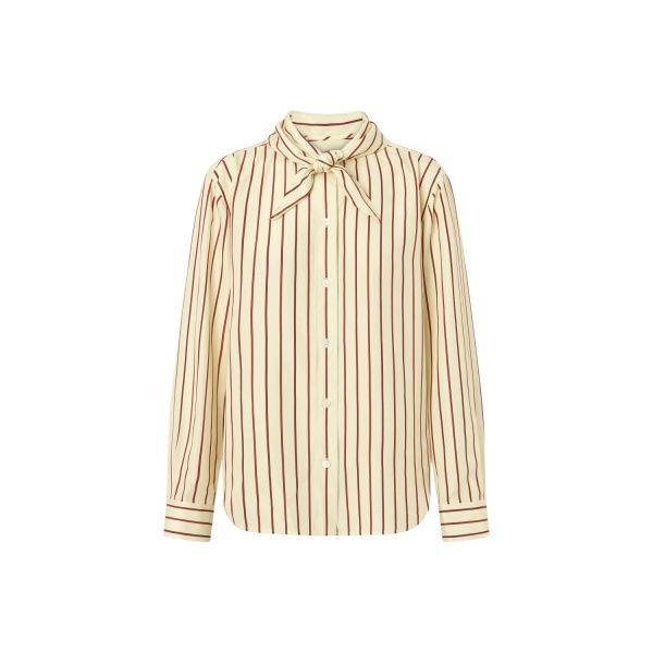 Oroton Stripe Tie Neck Shirt Lemon Rich Red