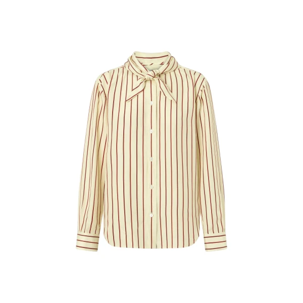 Oroton Stripe Tie Neck Shirt Lemon Rich Red