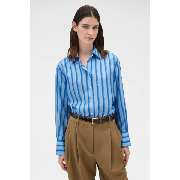 Oroton Tonal Stripe Silk Shirt Porcelain Blue, view 2