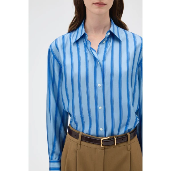 Oroton Tonal Stripe Silk Shirt Porcelain Blue, view 5