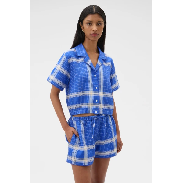 Oroton Vintage Check Short Sleeve Shirt Swedish Blue, view 3
