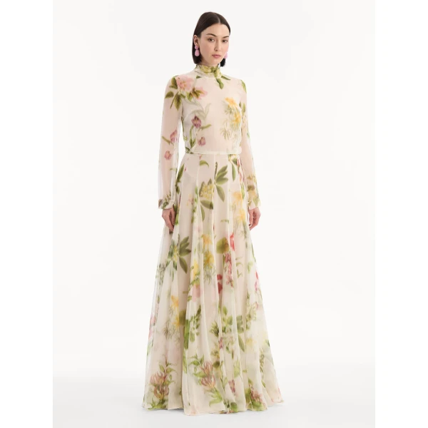 Oscar de la Renta Chiné Dominican Mixed-Floral Chiffon Gown, view 3