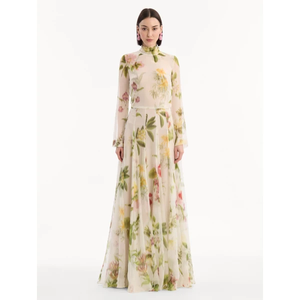 Oscar de la Renta Chiné Dominican Mixed-Floral Chiffon Gown, view 5