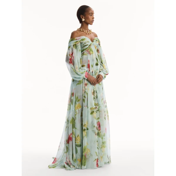 Oscar de la Renta Chiné Dominican Mixed-Floral Chiffon Sweetheart Gown, view 3
