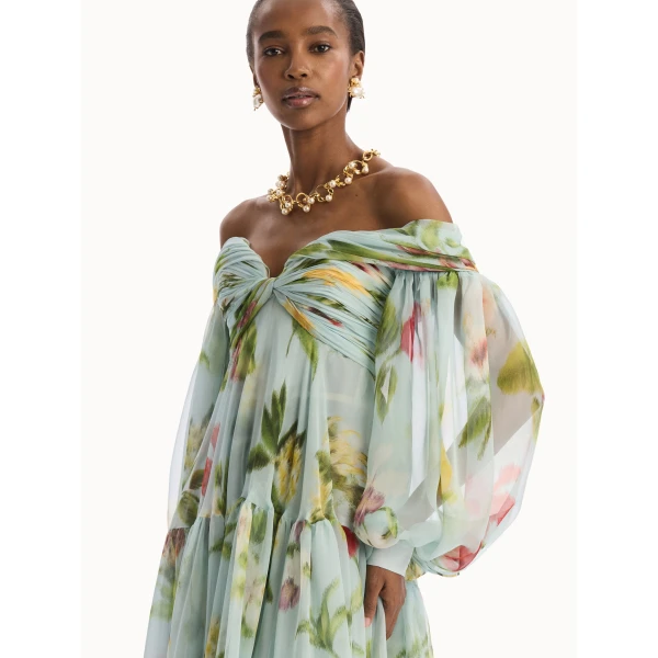 Oscar de la Renta Chiné Dominican Mixed-Floral Chiffon Sweetheart Gown, view 4
