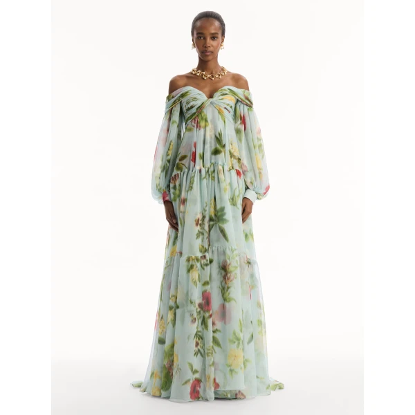 Oscar de la Renta Chiné Dominican Mixed-Floral Chiffon Sweetheart Gown, view 5