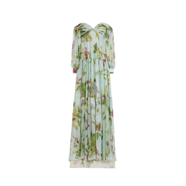 Oscar de la Renta Chiné Dominican Mixed-Floral Chiffon Sweetheart Gown