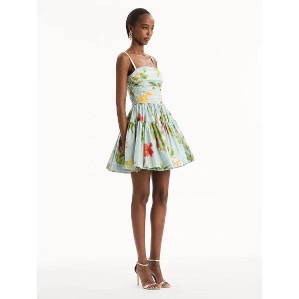 Oscar de la Renta Chiné Dominican Mixed-Floral Cotton Poplin Tiered Dress, view 3