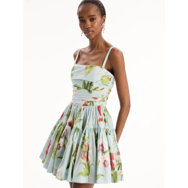 Oscar de la Renta Chiné Dominican Mixed-Floral Cotton Poplin Tiered Dress, view 4