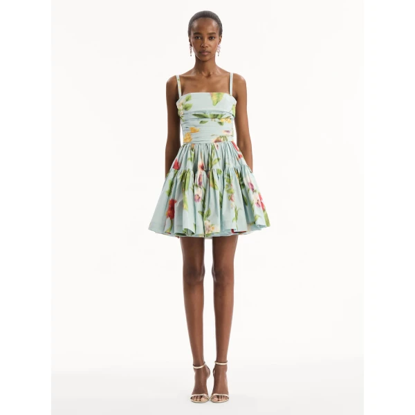 Oscar de la Renta Chiné Dominican Mixed-Floral Cotton Poplin Tiered Dress, view 5