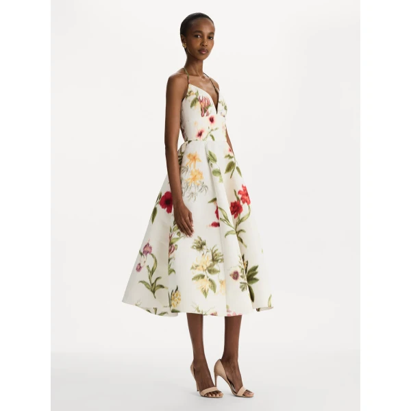 Oscar de la Renta Chiné Dominican Mixed-Floral Faille Cocktail Dress, view 3