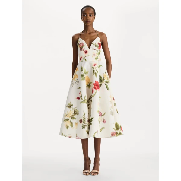 Oscar de la Renta Chiné Dominican Mixed-Floral Faille Cocktail Dress, view 5