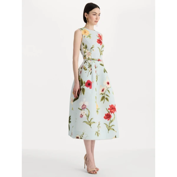 Oscar de la Renta Chiné Dominican Mixed-Floral Faille Dress, view 3