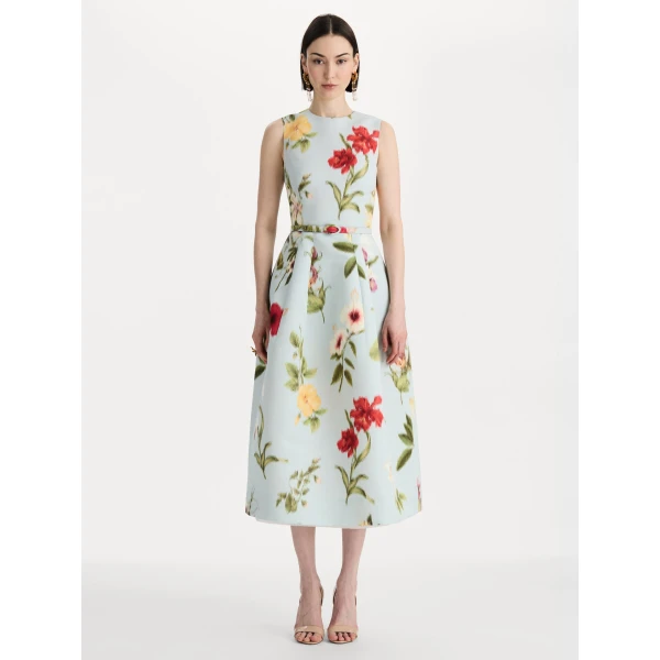 Oscar de la Renta Chiné Dominican Mixed-Floral Faille Dress, view 5