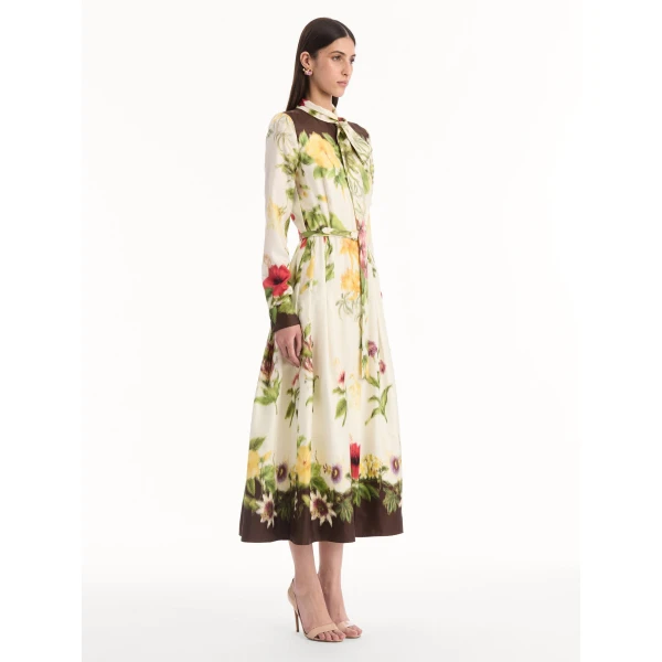 Oscar de la Renta Chiné Dominican Mixed-Floral Silk Twill Dress, view 3