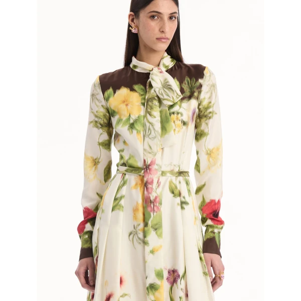 Oscar de la Renta Chiné Dominican Mixed-Floral Silk Twill Dress, view 4