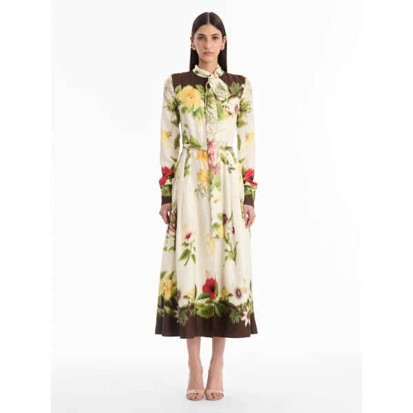 Oscar de la Renta Chiné Dominican Mixed-Floral Silk Twill Dress, view 5