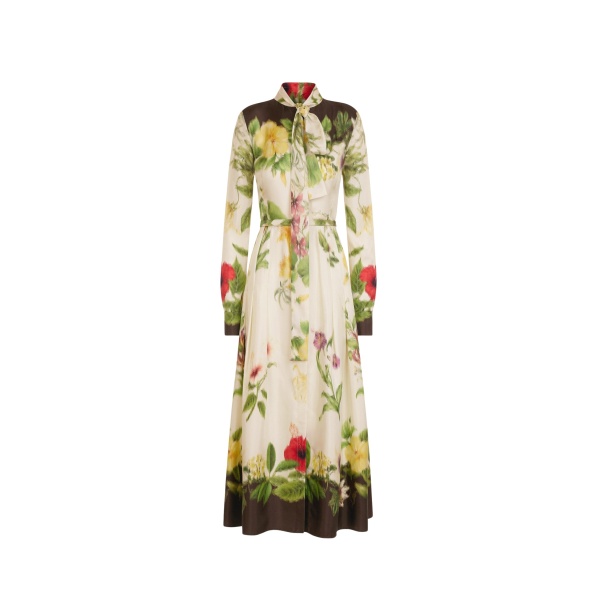 Oscar de la Renta Chiné Dominican Mixed-Floral Silk Twill Dress