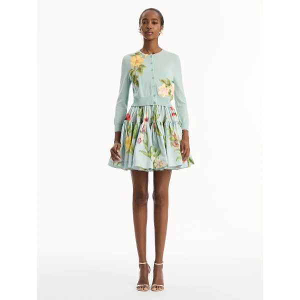 Oscar de la Renta Chiné Dominican Mixed-Floral Threadwork Cardigan, view 2