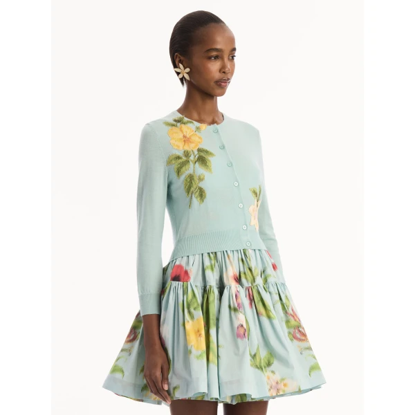 Oscar de la Renta Chiné Dominican Mixed-Floral Threadwork Cardigan, view 4