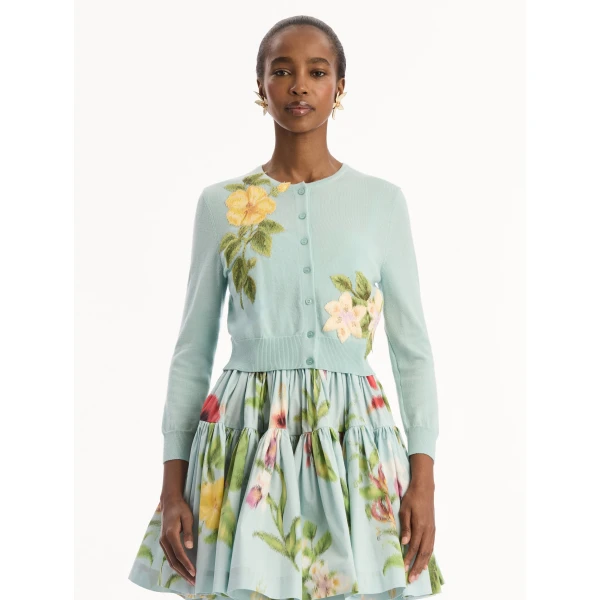 Oscar de la Renta Chiné Dominican Mixed-Floral Threadwork Cardigan, view 5