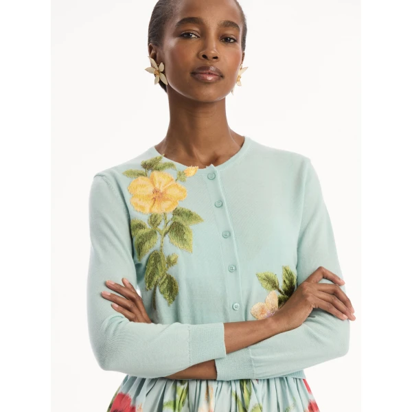 Oscar de la Renta Chiné Dominican Mixed-Floral Threadwork Cardigan, view 6