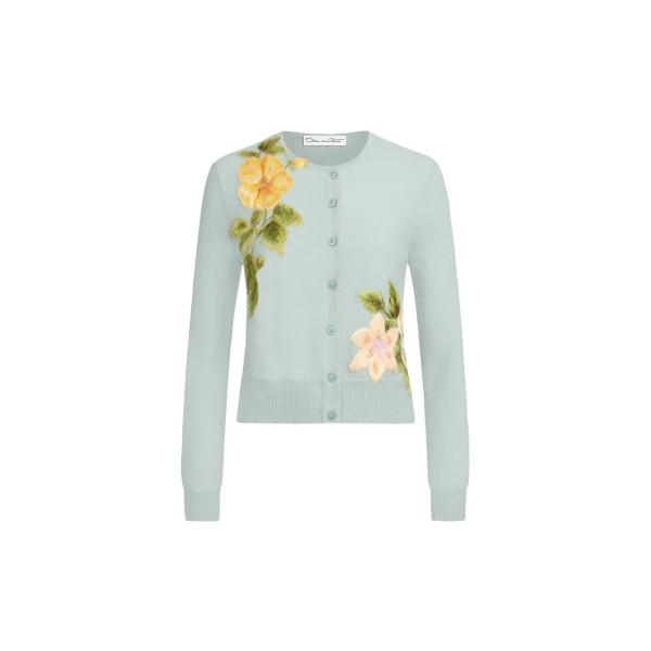Oscar de la Renta Chiné Dominican Mixed-Floral Threadwork Cardigan
