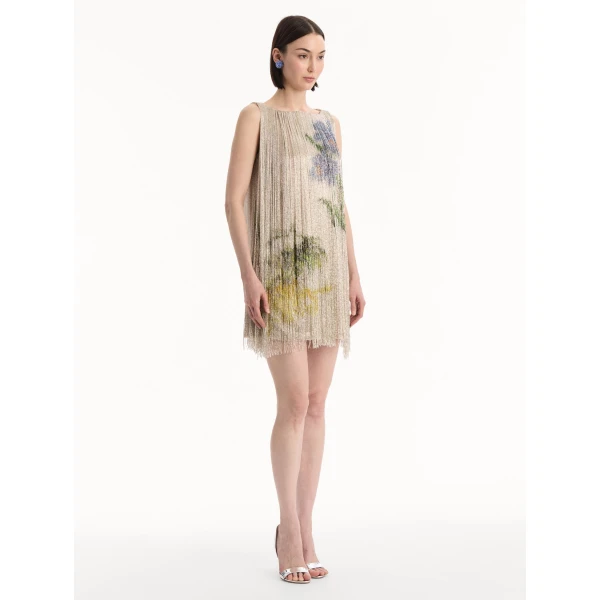 Oscar de la Renta Chiné Hibiscus Beaded Fringe Shift Dress, view 3