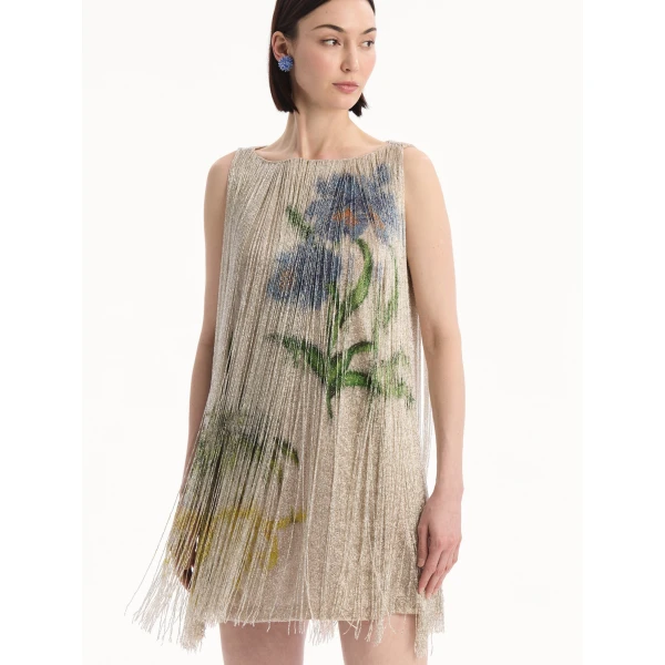 Oscar de la Renta Chiné Hibiscus Beaded Fringe Shift Dress, view 4