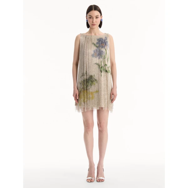 Oscar de la Renta Chiné Hibiscus Beaded Fringe Shift Dress, view 5