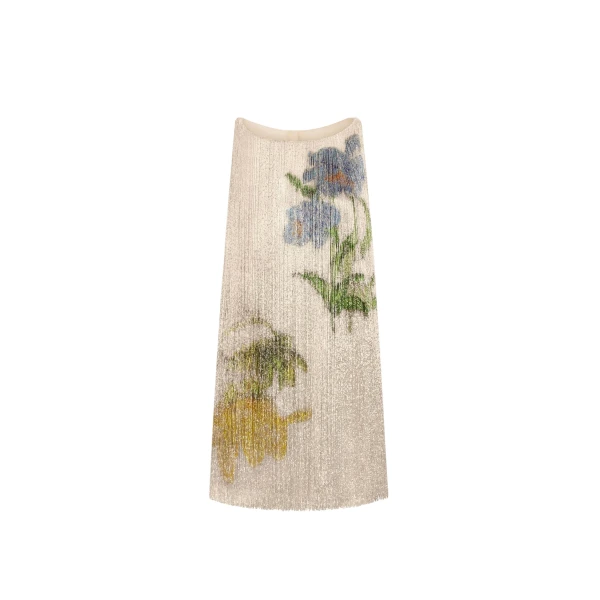 Oscar de la Renta Chiné Hibiscus Beaded Fringe Shift Dress