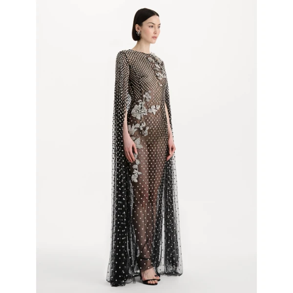 Oscar de la Renta Crystal Grid Floral Embroidered Caftan, view 3