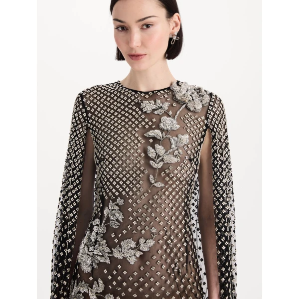 Oscar de la Renta Crystal Grid Floral Embroidered Caftan, view 4