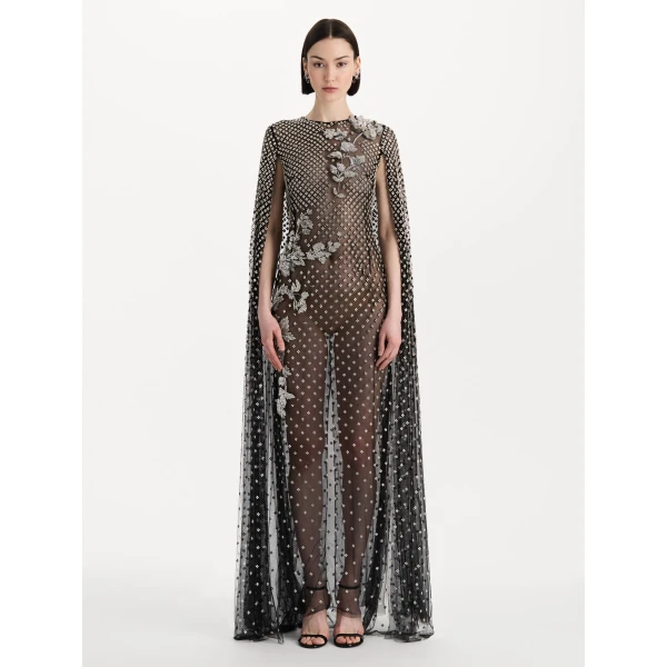 Oscar de la Renta Crystal Grid Floral Embroidered Caftan, view 5