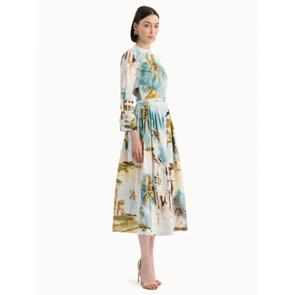 Oscar de la Renta Dominican Landscape Cotton Poplin Short-Sleeve Dress, view 3