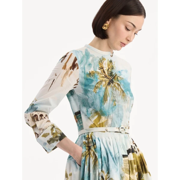 Oscar de la Renta Dominican Landscape Cotton Poplin Short-Sleeve Dress, view 4