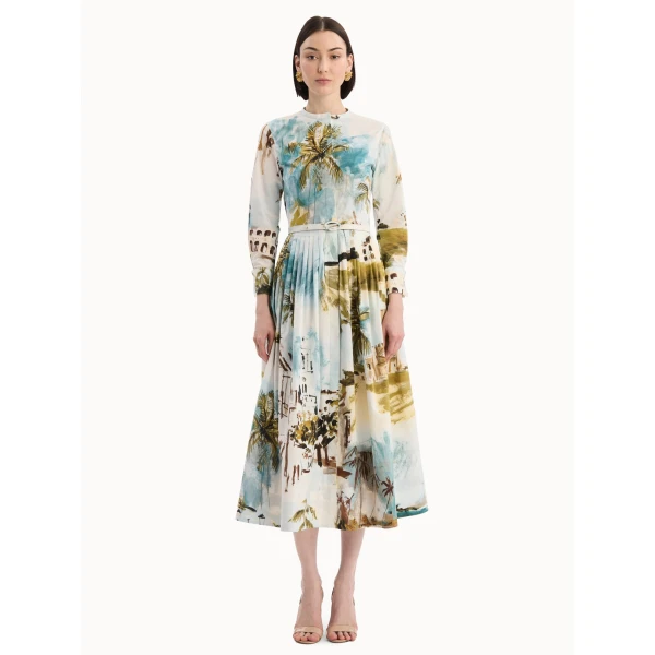 Oscar de la Renta Dominican Landscape Cotton Poplin Short-Sleeve Dress, view 5