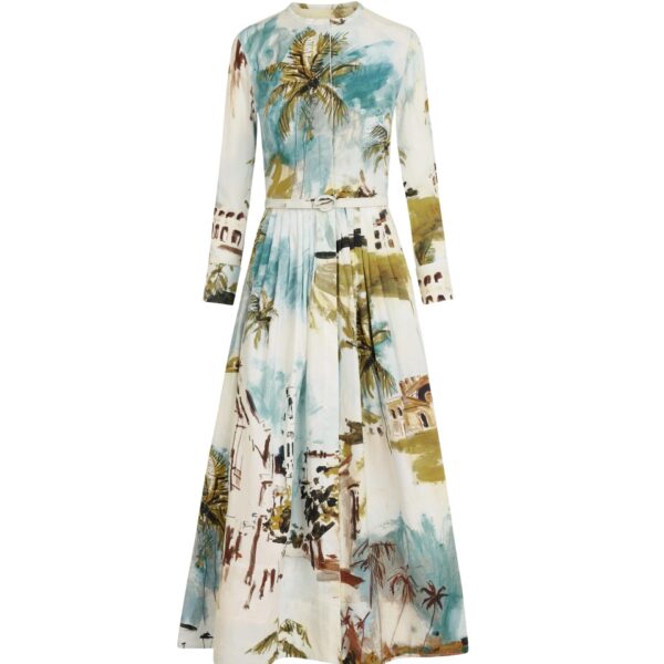 Oscar de la Renta Dominican Landscape Cotton Poplin Short-Sleeve Dress