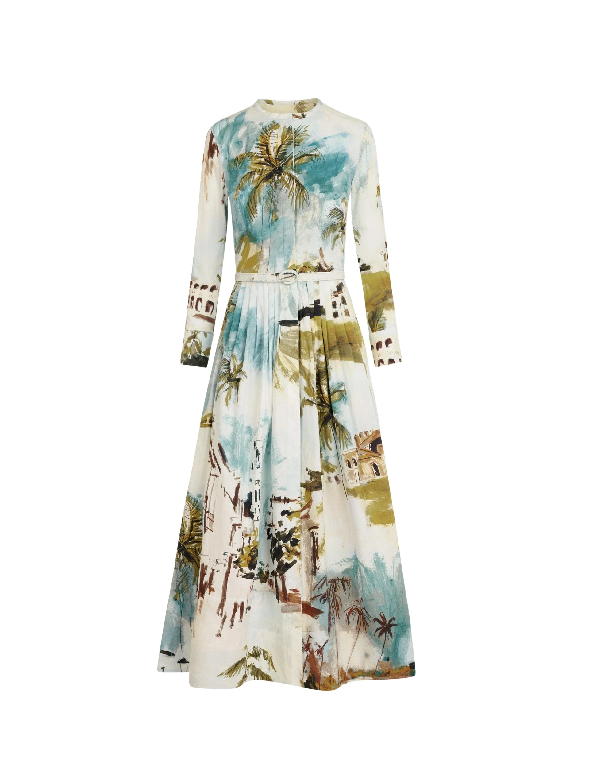 Oscar de la Renta Dominican Landscape Cotton Poplin Short-Sleeve Dress