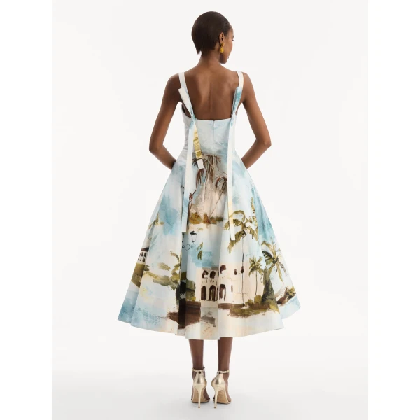 Oscar de la Renta Dominican Landscape Cotton Poplin Sleeveless Dress, view 2
