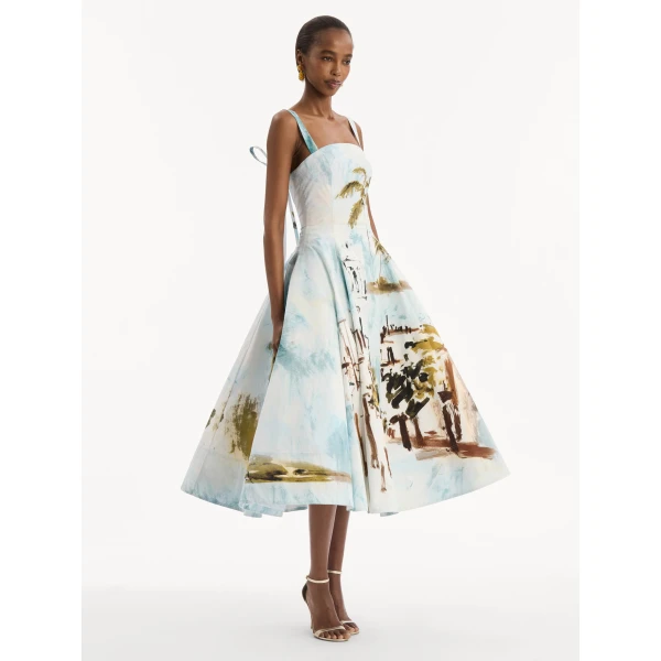 Oscar de la Renta Dominican Landscape Cotton Poplin Sleeveless Dress, view 3