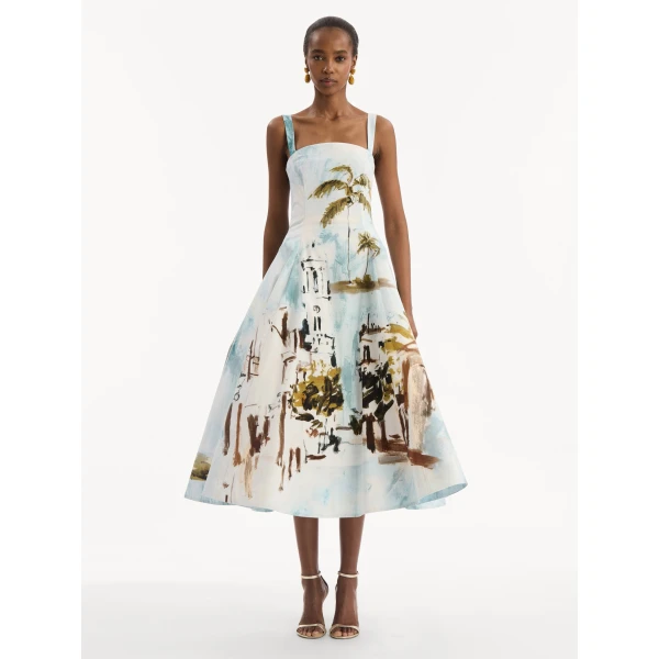 Oscar de la Renta Dominican Landscape Cotton Poplin Sleeveless Dress, view 5